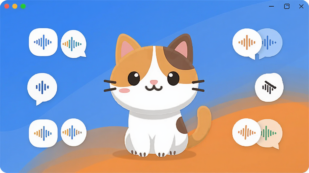 花猫软件主界面预览图,展示一只可爱的卡通花猫形象位于屏幕中央,周围环绕语音波形图标,背景为渐变的蓝色与橙色,界面简洁明亮,图标排列整齐,风格现代扁平化,画质高清,干净无多余元素