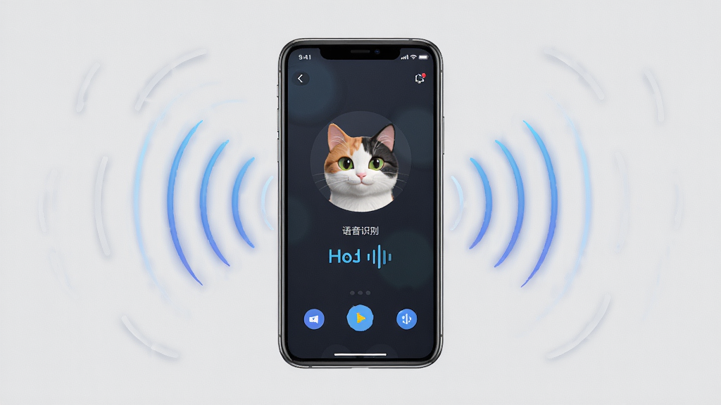 花猫语音唤醒功能展示图,主体为一部智能手机屏幕显示花猫语音助手界面,周围有声音波纹特效,背景为浅灰色,突出语音识别过程,构图简洁,风格科技感,画质清晰,干净无多余元素