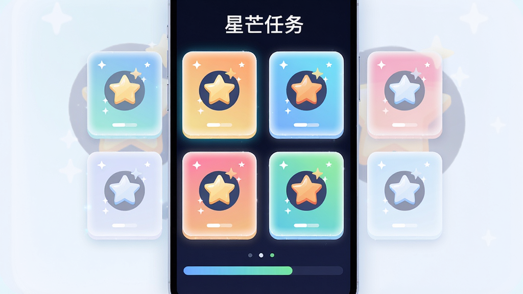 主体:“玩趣星芒”应用的星芒任务界面设计。布局:界面以列表形式展示多个发光任务卡片,每个卡片上有不同的任务图标。排版:顶部为“星芒任务”标题,中部卡片整齐排列,底部有进度条。风格:UI设计扁平化,色彩明亮活泼。细节:卡片边缘有微光特效,星芒图标闪烁,画面干净,无多余元素,画质高清。