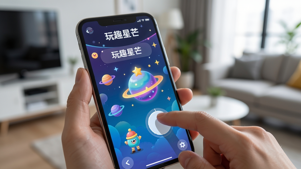 主体:用户手持手机体验“玩趣星芒”的场景。布局:前景为手机屏幕特写,显示游戏互动画面;背景为模糊的现代室内环境。排版:画面重点集中在手机屏幕的绚丽色彩上。风格:写实生活风格,光线自然。细节:屏幕上显示星球装扮界面,手指正在滑动,画质高清,干净,无多余元素。