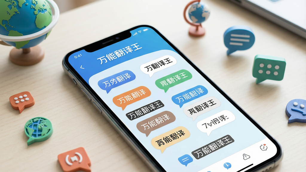主体为一部智能手机屏幕显示“万能翻译王”翻译界面,屏幕上有多国语言文字气泡与翻译结果对照,手机斜放在浅色桌面,周围有地球、语言符号等装饰元素。布局采用居中构图,手机为视觉中心,背景虚化。排版简洁大气,突出软件名称“万能翻译王”字样。风格现代科技感,色彩明亮清新。细节包括屏幕内清晰的字幕与翻译图标,画质高清,干净无多余元素。