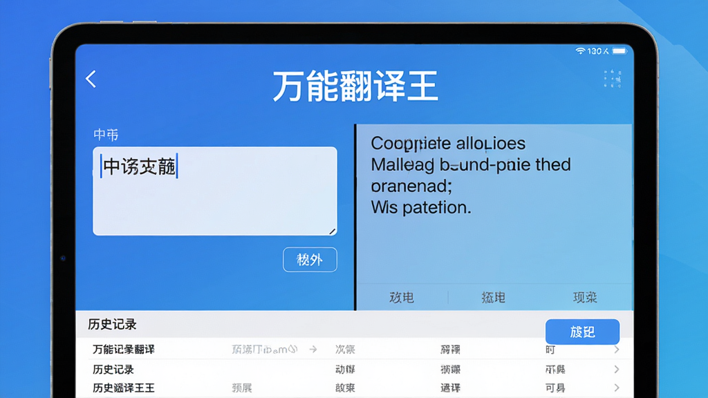 画面展示一台平板电脑,屏幕上显示“万能翻译王”的文字翻译界面,左侧为中文输入框,右侧为英文翻译结果,底部有历史记录列表。布局采用左右分屏构图,平板居中,背景为渐变蓝色。排版清晰,文字内容可辨。风格简洁商务,细节包括输入框光标与翻译按钮,画质干净无多余元素。