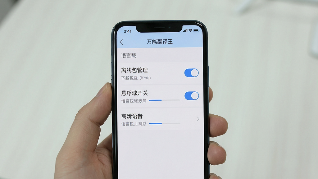 手机屏幕显示“万能翻译王”的设置界面,突出显示“离线包管理”、“悬浮球开关”、“高清语音”等选项,背景为浅色。布局为列表式,排版清晰。风格简洁,细节包括开关按钮与语言包下载进度条,画质干净无多余元素。