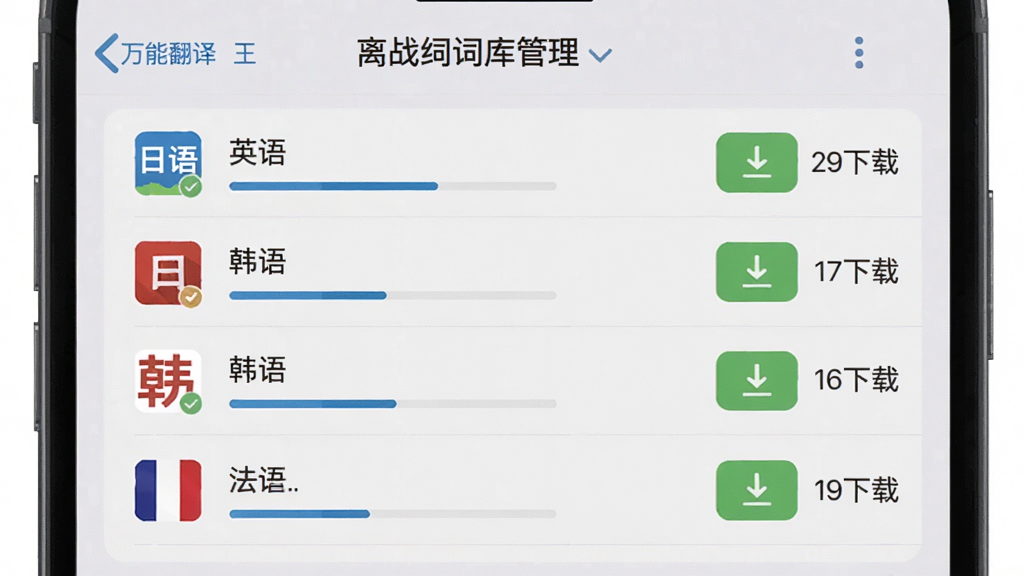 一部手机屏幕显示“万能翻译王”的离线词库管理页面,列表中有英语、日语、韩语、法语等语言包,每个语言包旁有下载按钮与已下载标识。布局采用列表式,背景为浅灰色。排版简洁明了,风格清爽,细节包括下载进度条与存储空间显示,画质高清无多余元素。