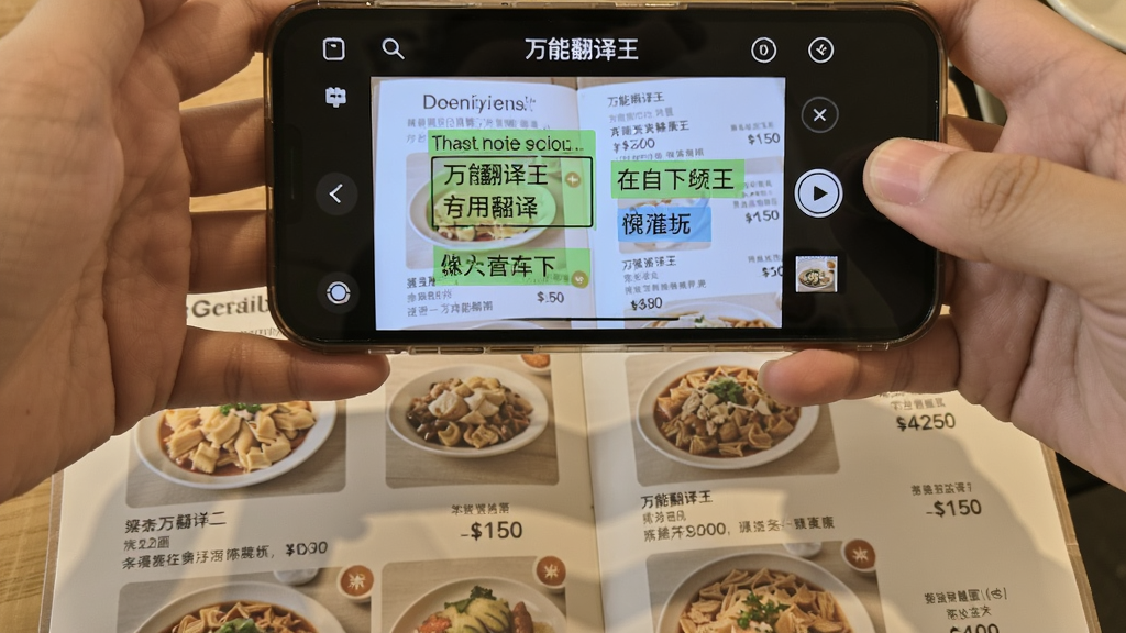 一只手拿着手机拍摄一张英文菜单,手机屏幕显示“万能翻译王”的拍照翻译界面,菜单上的文字被高亮框选并显示中文翻译。布局采用手持视角,菜单占据画面下方,手机屏幕在上方。排版突出翻译对比效果。风格实用亲切,细节包括菜单上的菜品图片与价格,画质干净无多余元素。