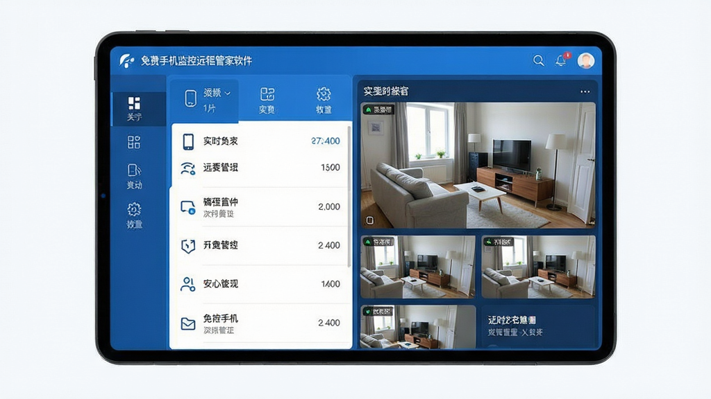 一张展示免费手机监控远程管家软件主界面的高清截图,屏幕中央显示设备列表和实时监控画面缩略图,界面风格简洁现代,采用蓝色科技色调,图标清晰,布局合理,画质细腻干净,无多余元素。