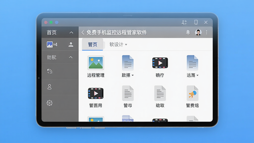 展示免费手机监控远程管家软件远程文件管理功能的界面,屏幕上显示文件列表,包含图片、文档和视频图标,界面风格简约,以灰白为主色调,背景为渐变蓝色,整体设计清爽,画质高,干净无多余元素。
