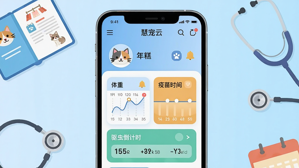 画面主体为一部智能手机屏幕占据画面中央,屏幕内显示“慧宠云”APP的宠物健康档案页面,上方是猫咪头像和名字“年糕”,下方用彩色卡片展示体重曲线、疫苗时间轴和驱虫倒计时。布局为手机居中,背景为淡蓝色渐变,四周散落着宠物疫苗本和听诊器。排版简洁,信息层级分明。风格为扁平插画风,色彩明快,细节包括日历标记和提醒铃铛图标。画质干净无多余元素。