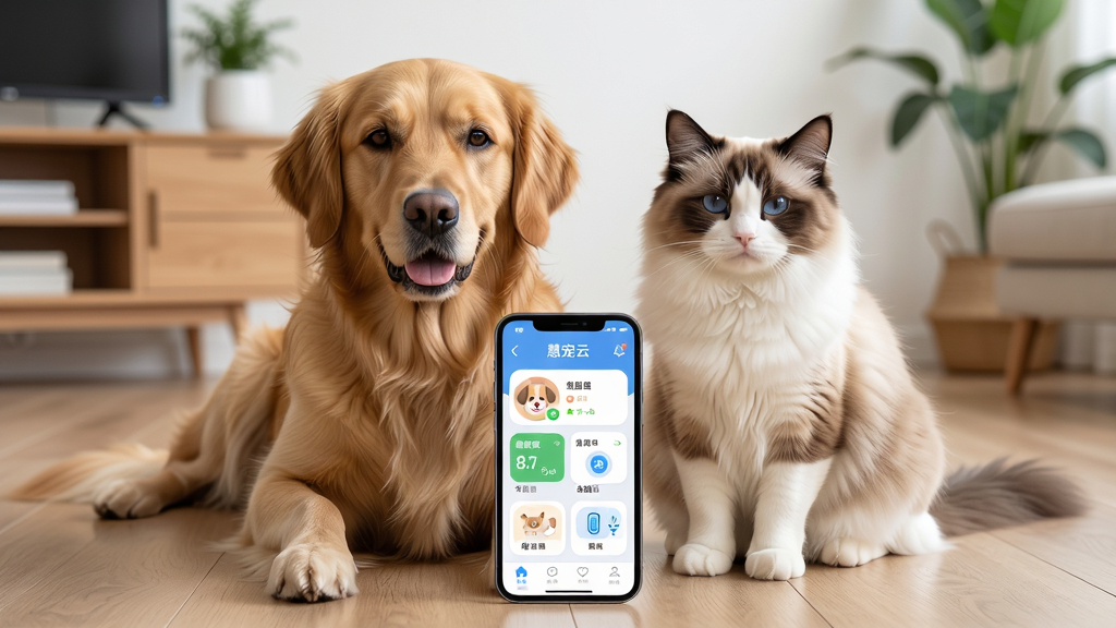 画面主体为一只金毛犬和一只布偶猫并排坐在现代客厅地板上,面前放着一部亮屏的智能手机,屏幕上显示“慧宠云”APP主界面,包含宠物头像、健康数据卡片和智能设备图标。布局采用平视视角,宠物与手机形成三角构图,背景是简洁的浅木色家具和绿植。排版上APP界面清晰可辨,图标圆润。风格为写实摄影风格,光线柔和自然,细节丰富,毛发纹理和屏幕反光都清晰可见。画质为4K高清,干净无多余元素。