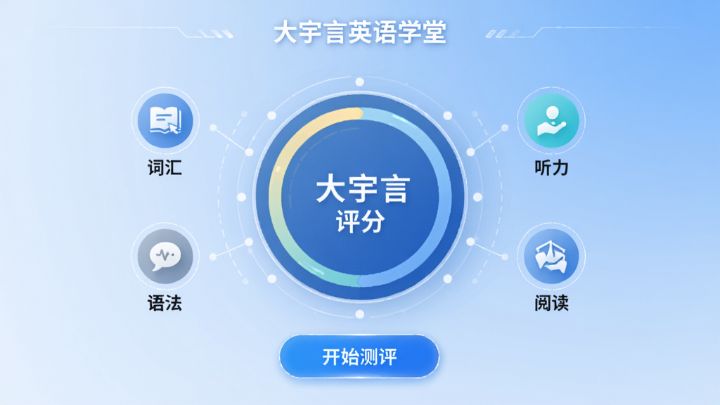 大宇言英语学堂智能分级测评界面预览图,画面中央是一个圆形的评分图表,周围环绕着词汇、语法、听力、阅读四个小图标,下方有“开始测评”按钮,背景为淡蓝色渐变,整体风格科技感强,排版清晰,画质纯净