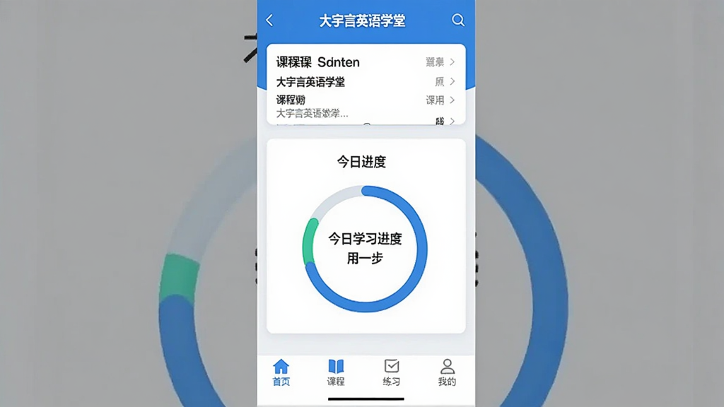 一张展示大宇言英语学堂应用主界面的高清截图,界面设计简洁明快,以蓝色和白色为主色调,顶部显示课程列表,中部有今日学习进度环,底部为导航栏,包含首页、课程、练习、我的四个标签,整体风格现代,适合移动端竖屏展示,画质清晰,无多余元素