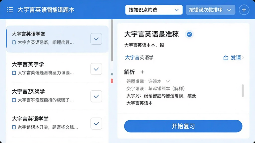 大宇言英语学堂智能错题本界面展示,画面左侧为错题列表,右侧为题目详情和解析,顶部有“按知识点筛选”“按错误次数排序”选项,下方有“开始复习”按钮,整体风格简洁商务,蓝白配色,画质干净