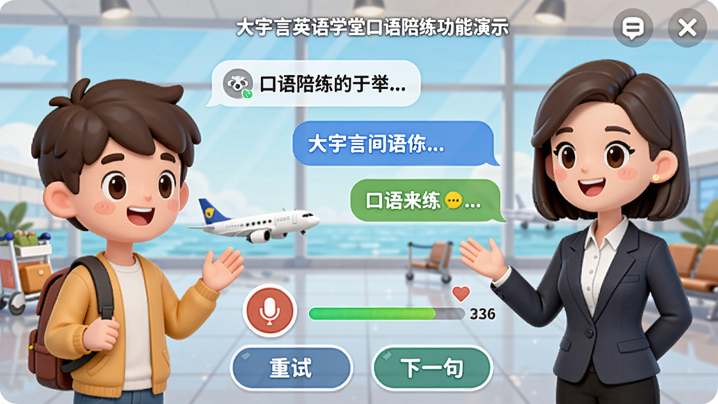 大宇言英语学堂口语陪练功能演示图,画面展示用户与虚拟外教在机场场景对话的界面,上方是对话气泡,下方是录音按钮和实时评分条,界面底部有“重试”“下一句”按钮,整体风格卡通可爱,色彩明亮,画质清晰