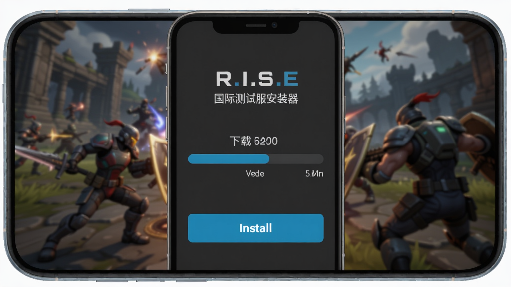 Project R.I.S.E国际测试服安装器主界面预览图,展示安装器简洁的下载与安装引导流程,背景为游戏战斗场景,主体为手机屏幕中的安装进度条,布局居中,排版清爽,扁平化设计风格,细节包括下载速度显示与安装按钮高亮,画质高清干净无多余元素