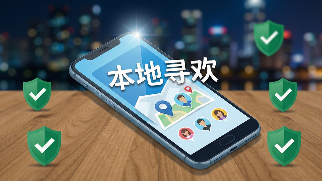 主体为一部亮着屏幕的智能手机,屏幕上显示“本地寻欢”四个大字,下方有地图定位图标和多个用户头像气泡。手机斜放在木纹桌面上,背景是模糊的城市夜景灯光。布局采用中心构图,手机占据画面核心位置,周围点缀绿色对勾盾牌等安全标识。排版上文字信息置于手机屏幕内,画面简洁干净。整体风格现代扁平,色彩明快以蓝色和白色为主色调,细节包括屏幕反射光晕和阴影效果,画质高清,干净无多余元素。