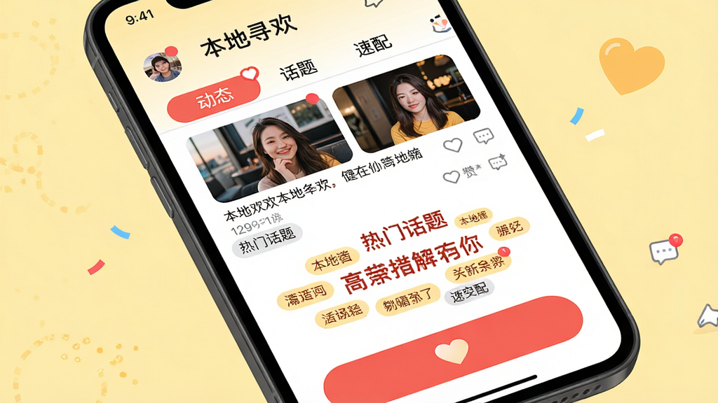 主体为手机屏幕显示“本地寻欢”的互动界面,包含“动态”、“话题”、“速配”三个标签页。画面上方为动态信息流,有用户发布的照片和文字;中间是热门话题标签云;下方是速配按钮,带有心形图标。布局为典型的三栏式,排版错落有致,风格活泼,配色以暖色系为主,背景为淡黄色,细节包括点赞评论小图标和消息提醒红点,画质高清,干净无多余元素。