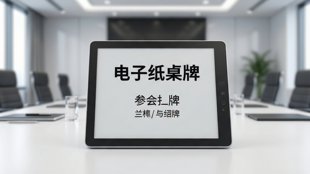 主体:一款正在运行的电子纸桌牌设备,屏幕上清晰显示“电子纸桌牌”字样及参会者姓名与职位;布局:设备居中,背景为虚化的现代会议室,桌面整洁;排版:屏幕内容采用简洁商务排版,黑色文字,白色背景;风格:科技感与商务感融合,写实风格;细节:屏幕显示的字迹清晰,类似真实电子墨水屏的质感,设备轻薄;画质:4K高清,光线均匀柔和,干净,无多余元素。