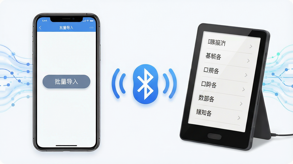 主体:手机与电子纸桌牌设备处于连接状态,手机屏幕显示批量导入界面;布局:左侧手机,右侧桌牌,中间用蓝牙信号图标连接;排版:信息图风格,重点展示操作流程;风格:现代扁平化结合轻微拟物;细节:手机界面有“批量导入”按钮,桌牌屏幕显示多个姓名列表,背景有数据流动线条;画质:高清晰度,色彩明快,干净,无多余元素。