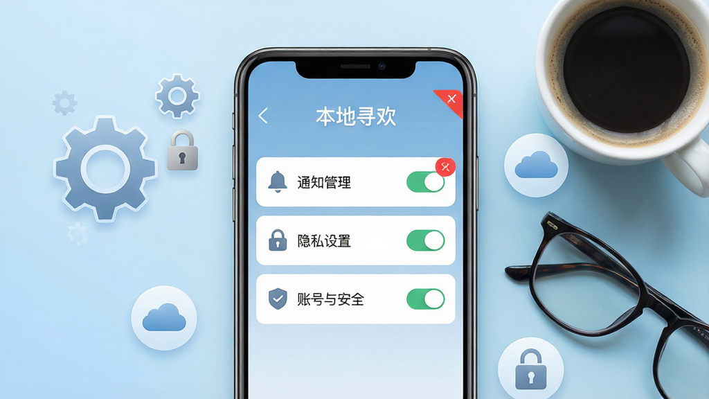 主体为手机屏幕显示“本地寻欢”设置页面,包含“通知管理”、“隐私设置”、“账号与安全”等选项。背景为浅蓝色渐变,手机旁边放着一杯咖啡和眼镜。布局为手机居中,周围有装饰性图标如齿轮、锁、云朵。排版清晰,设置项用列表呈现,每个选项前有对应小图标。风格简约商务,色彩搭配和谐,细节包括开关滑块与红色未读角标,画质高清,干净无多余元素。