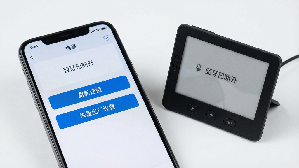 主体:一部手机正在运行故障排查界面,旁边是电子纸桌牌设备;布局:手机屏幕特写,展示“重新连接”与“恢复出厂设置”选项;排版:屏幕内容清晰展示操作按钮;风格:科技感,界面简洁;细节:背景为纯色,突出手机与设备,屏幕上有“蓝牙已断开”提示;画质:高分辨率,细节清晰,干净,无多余元素。