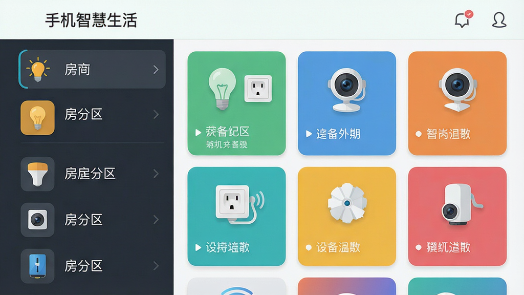 主体:手机智慧生活App的设备管理界面,显示多个房间分区和各类智能设备图标;布局:左侧房间列表,右侧设备卡片;排版:卡片式布局,信息层级分明;风格:扁平化设计,色彩清新;细节:界面顶部显示“手机智慧生活”名称,设备图标包含灯泡、插座、摄像头等;画质:高清,干净,无多余元素