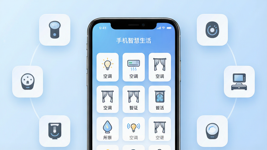 主体:手机智慧生活App在智能手机上运行,屏幕显示智能家居控制面板,包含灯光、空调、窗帘等图标;布局:手机居中,周围环绕简约的智能家居设备图标;排版:界面采用卡片式设计,图标排列整齐;风格:现代简洁,科技感强;细节:屏幕中显示“手机智慧生活”字样,背景为柔和的浅蓝色渐变;画质:高清渲染,干净,无多余元素