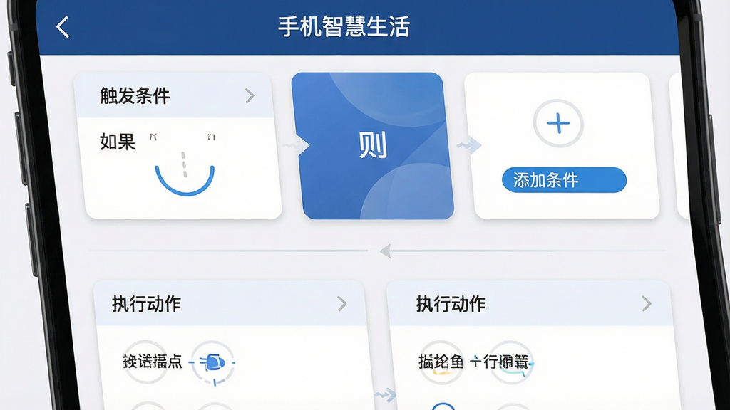 主体:手机智慧生活App的自动化设置界面,显示条件与动作的编辑页面;布局:上方为触发条件卡片,下方为执行动作卡片;排版:分步式向导,步骤清晰;风格:简洁商务风;细节:界面文字显示“如果”“则”“添加条件”等,顶部有“手机智慧生活”字样;画质:高清晰度,干净,无多余元素
