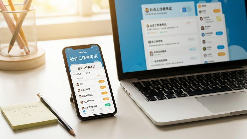 画面主体为智能手机和笔记本电脑并排摆放,屏幕上显示“社会工作者考试”应用的学习界面,手机旁有铅笔和便签纸,背景为明亮的学习桌,整体为暖色调,布局轻松自然,摄影风格,高清画质,干净无多余元素