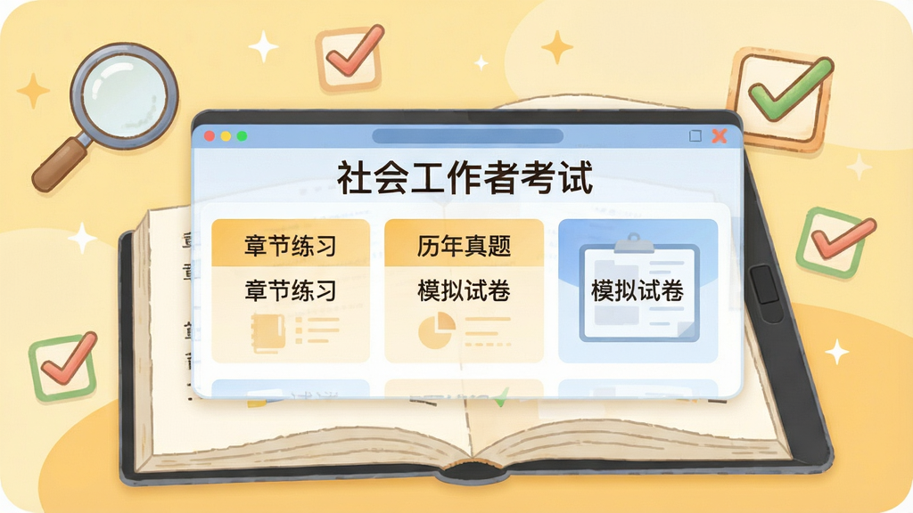 画面主体为一本打开的电子书,书页上浮现出“社会工作者考试”题库列表界面,屏幕中显示“章节练习”、“历年真题”、“模拟试卷”等不同模块,背景为淡黄色暖色调,配有放大镜和勾选标记图标,布局规整,排版清晰,插画风格,细节丰富,高清画质,干净无多余元素