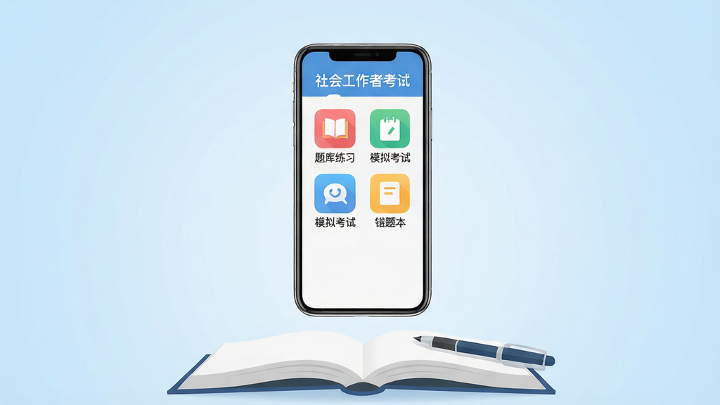 画面主体为一部智能手机悬浮在淡蓝色渐变背景中央,手机屏幕清晰显示“社会工作者考试”APP界面,界面中包含“题库练习”、“模拟考试”、“错题本”等彩色功能图标,手机下方有打开的书本和写字的笔,整体布局简洁明亮,排版居中,扁平化设计风格,细节丰富,高清画质,干净无多余元素