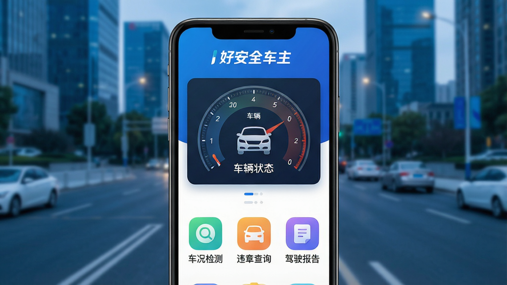 一张智能手机屏幕展示好安全车主APP主界面,界面顶部显示“好安全车主”品牌标识,中间是车辆状态仪表盘,下方排列“车况检测”、“违章查询”、“驾驶报告”等彩色功能图标,背景是模糊的现代城市道路,整体风格科技感强,蓝色主色调,UI设计简洁清晰,高清渲染,干净无多余元素