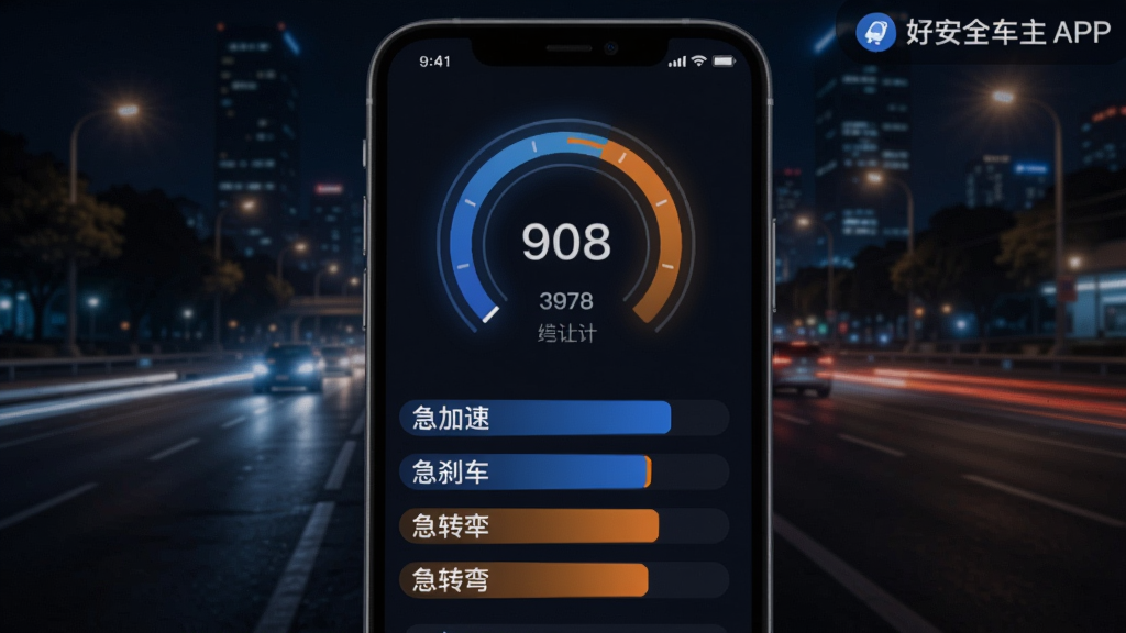 好安全车主APP的驾驶行为分析页面,手机屏幕显示驾驶评分圆形仪表盘,下方列出急加速、急刹车、急转弯等行为统计条,背景为城市道路夜景,界面风格时尚,蓝色与橙色高亮数据,画面清晰,干净无多余元素