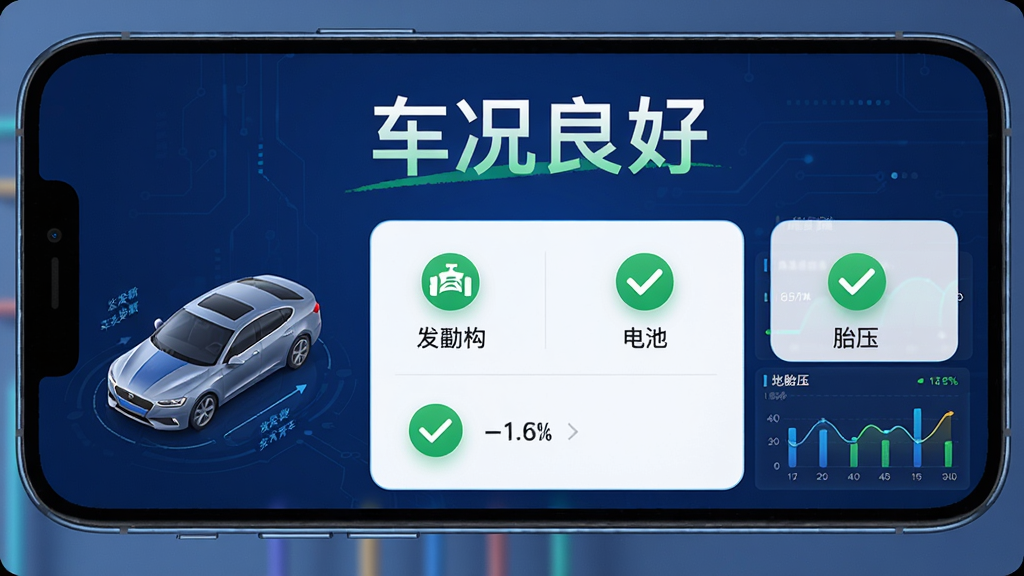 好安全车主APP的车况检测功能页面,手机屏幕显示发动机、电池、胎压等检测项目的绿色对勾图标,上方有“车况良好”大字样,左侧有车辆示意图,整体界面以深蓝色为背景,数据可视化图表清晰,科技感强,画面干净,高清渲染