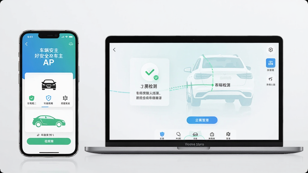 一部手机和一台笔记本电脑同时展示好安全车主APP界面,手机放在左侧,电脑屏幕在右侧,背景简洁,展示APP的车辆绑定和检测功能,画面干净,科技感,高清渲染
