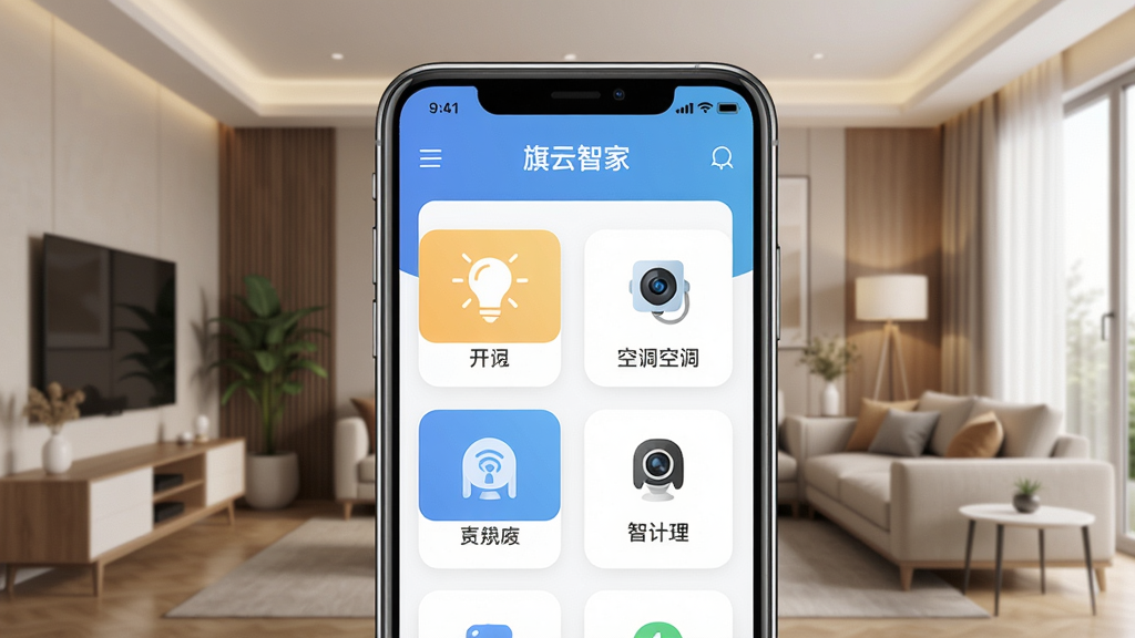 主体为一部智能手机屏幕占据画面中央,屏幕上清晰显示“旗云智家”APP主界面,界面中排列着灯光、空调、摄像头等智能设备图标,背景为温馨的现代客厅环境,布局采用左右对称结构,排版干净整齐,风格偏向写实产品展示,细节上突出屏幕内图标和文字,画质高清,干净,无多余元素