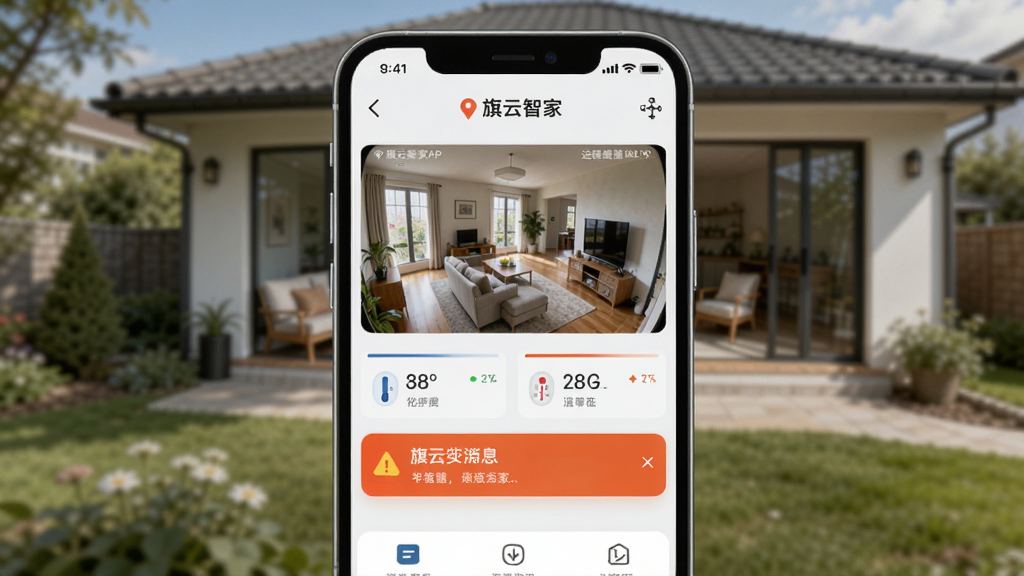 画面主体为手机屏幕展示旗云智家APP的远程控制界面,背景是户外场景,屏幕内显示家中摄像头画面和温度传感器数据,布局采用上下结构,排版清晰,风格偏科技感,细节上突出摄像头画面和告警消息,画质干净,无多余元素