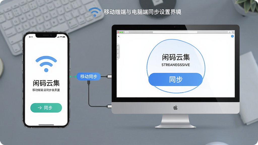 闲码云集 移动端与电脑端同步设置界面,主体为手机与电脑连接示意图,布局左右分布,排版直观,采用简洁商务风格,细节包含WiFi图标与同步按钮,画质清晰,干净无多余元素