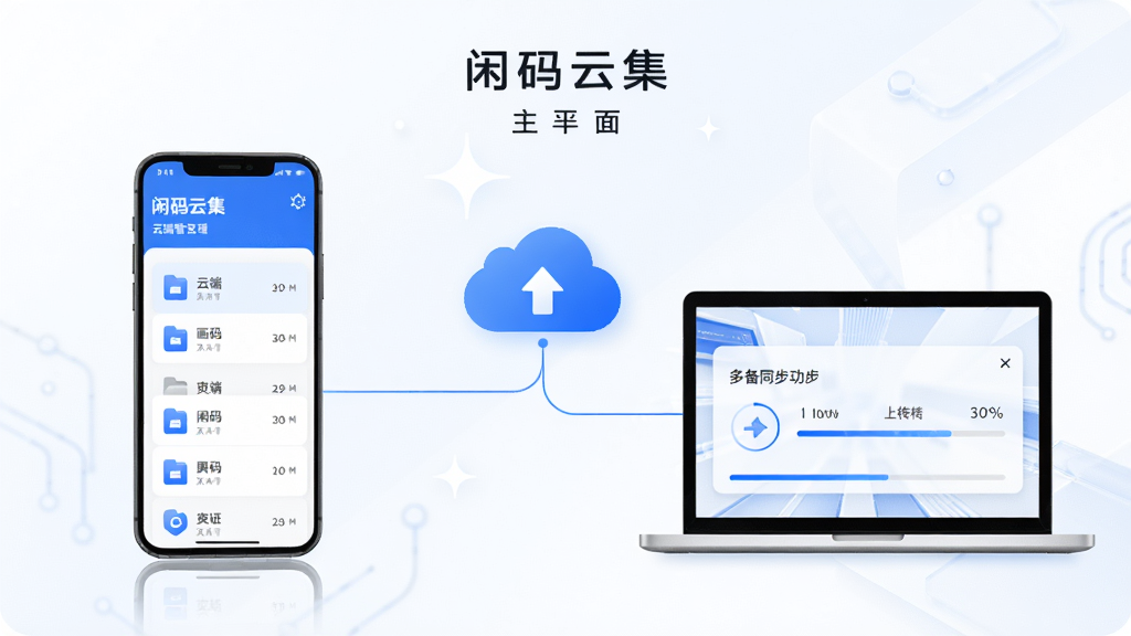 闲码云集 主界面 展示云端文件管理与多设备同步功能,主体为智能手机与笔记本电脑连接云端图标,布局左右对称,排版简洁,采用蓝白科技感风格,细节包含文件列表、上传进度条,画质高清,干净无多余元素