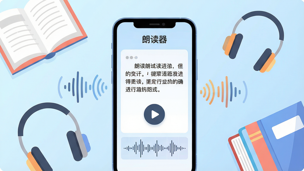 主体:手机屏幕展示朗读器应用界面,界面中有播放按钮、文字段落和语音波形图,旁边有耳机和书本。布局:手机居中,周围环绕书本、耳机、声波图标,背景浅蓝色渐变。排版:主体突出,元素错落有致,留白适中。风格:现代扁平插画风,色彩明亮柔和。细节:界面文字清晰可见“朗读器”字样,声波动画感强。画质:高清渲染,干净无多余元素。