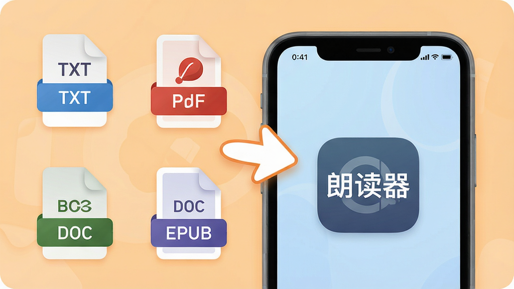 主体:朗读器应用的文件导入界面,显示多种文件格式图标(TXT、PDF、DOC、EPUB)拖入应用。布局:文件图标围绕手机屏幕,中心有箭头指向应用,背景浅橙色。排版:图标排列有序,箭头醒目。风格:清爽简约,圆角元素。细节:文件图标上有格式名称,手机屏幕显示“朗读器”字样。画质:高清,干净无多余元素。