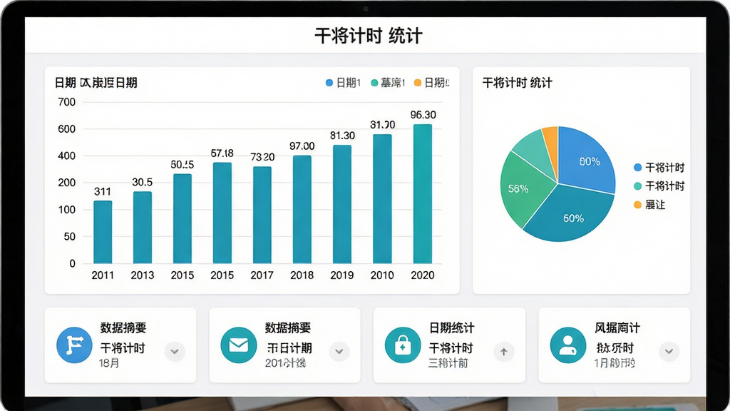 主体:干将计时统计报表界面,展示柱状图与饼图,数据按日期排列。布局:图表居中,下方为数据摘要卡片。排版:图表配色清新,坐标轴清晰,摘要卡片带图标。风格:数据可视化风格,白色背景,蓝绿色系。细节:柱状图顶部标注数值,饼图旁有图例,标题“干将计时 统计”。画质:高清,无多余元素。