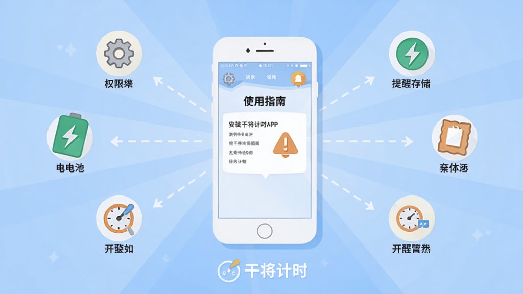 主体:手机安装干将计时APP的示意图,屏幕显示“使用指南”界面,周围有设置图标与提醒图标。布局:手机居中,四周环绕小图标表示权限、电池、存储等。排版:中心发散式,引导视线。风格:扁平插画风,浅蓝背景,白色手机。细节:每个小图标带文字标签,底部有“干将计时”logo。画质:干净,无多余元素。
