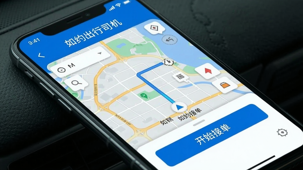 一张智能手机屏幕展示如约出行司机主界面,界面顶部显示“如约出行司机”字样,中部为地图导航页面,下方有“开始接单”按钮,整体风格简洁现代,色彩以蓝色和白色为主,布局清晰,画质干净,无多余元素