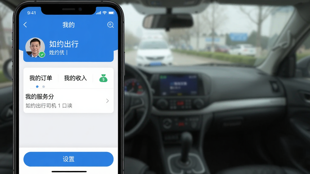 一张手机截图展示如约出行司机的“我的”页面,顶部显示司机头像和姓名,下面有“我的订单”“我的收入”“我的服务分”等入口,底部有“设置”按钮,整体界面简洁,色彩以蓝白为主,画质清晰,无多余元素