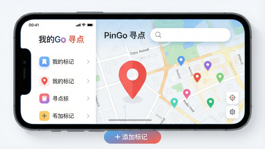 ���壺�ֻ���ĻչʾPinGo Ѱ�������棬������һ����Ŀ�ĺ�ɫ��λ��ͼ�꣬�����Ǽ��Ľֵ���ͼ�����֣���������г����ҵı�ǡ��б����Ҳ�Ϊ��ͼԤ�����Ϸ����������Ű棺��ƽ����ƣ�ͼ��Բ��ɫ�����죬ͻ����Ѱ�㡱���⡣����ִ��Ƽ��У��ɾ�������ϸ�ڣ���ͼ��ɢ��������ɫ��ǵ㣬��Ļ�·��С����ӱ�ǡ���ť�����ֱ�ǩ��PinGo Ѱ�㡱λ�ڶ��������ʣ�������Ⱦ��ϸ�ڷḻ�����������