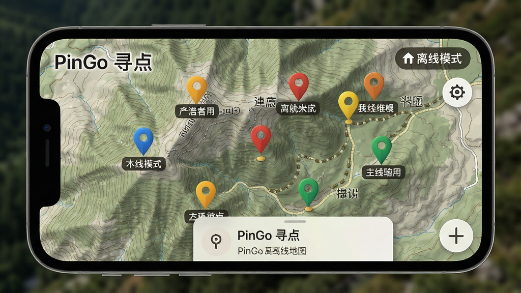 ���壺�ֻ���ĻչʾPinGo Ѱ�����ߵ�ͼ���棬��ʾɽ�ֵ��κͶ����ǵ㡣���֣���ͼռ����Ļ�����Ͻ��С�����ģʽ����ʶ���ײ�����������顣�Ű棺��ͼ���дʵ����ǵ��ò�ɫͼ����ʾ����񣺻���̽�շ磬ɫ����Ȼ��ϸ�ڣ���ͼ����ʾ�ȸ��ߺ�С·����ǵ�������Ʊ�ǩ�����֡�PinGo Ѱ�㡱�����ڶ��������ʣ���ϸ����Ⱦ��������������Ԫ�ء�