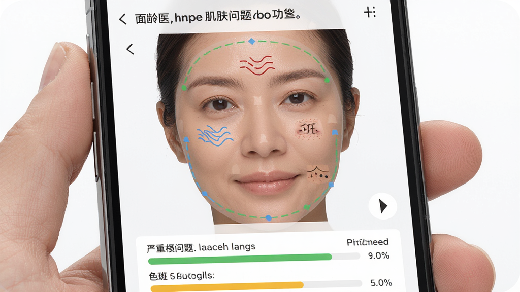 Dr面龄医生肌肤问题筛查功能,手机屏幕显示面部标注区域,分别用不同颜色标记皱纹、色斑、毛孔等位置,下方列出各项问题严重程度评级,背景为干净白色,界面信息丰富但布局清晰,画质细腻