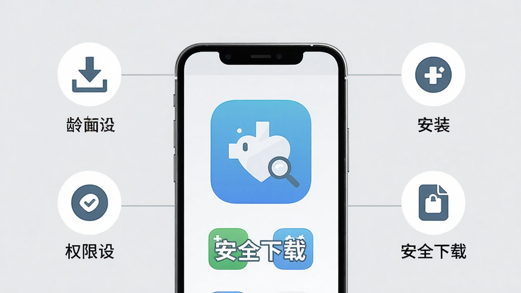 Dr面龄医生手机安装教程示意图,手机屏幕显示应用图标,周围有下载、安装、权限设置等步骤图标,背景为浅灰色,风格简洁明了,文字标注
