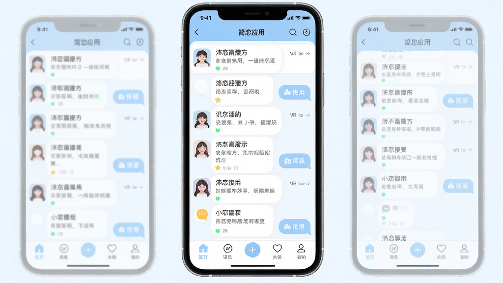 一幅展示简恋应用主界面的高清截图,画面中央是简洁的聊天列表与底部导航栏,整体风格清新明亮,以白色和淡蓝色为主色调,图标圆润精致,布局清晰有序,突显社交应用的干净利落,画质细腻,干净无多余元素