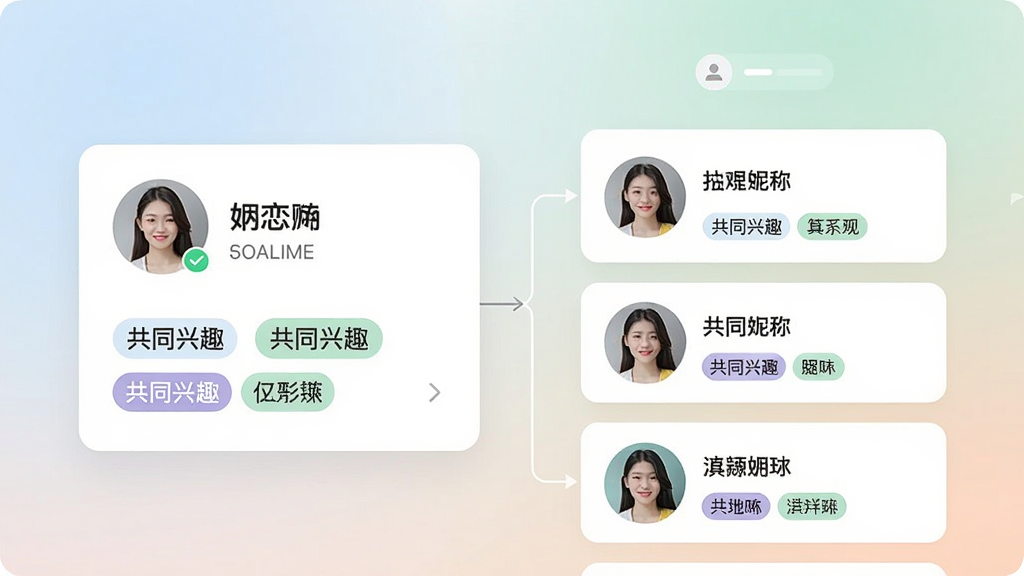 一张简恋智能匹配功能的示意图,左侧是用户个人资料卡片,右侧是匹配到的推荐用户列表,卡片上显示头像、昵称、共同兴趣标签,背景为柔和的渐变色,整体排版简洁明了,风格现代,画质清晰,干净无多余元素
